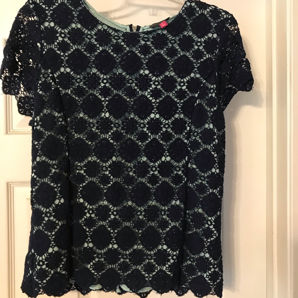 Navy lace with blue green underlay top